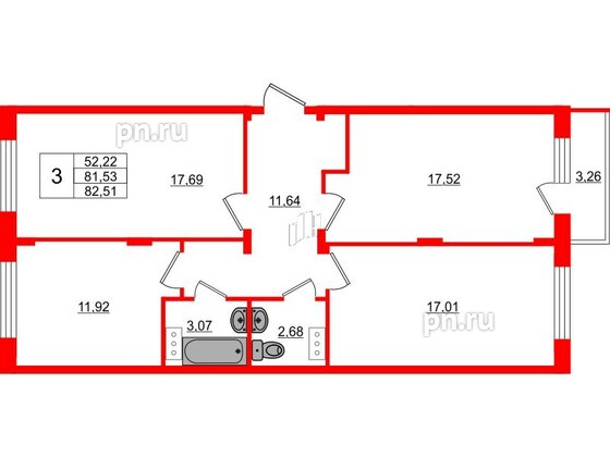 Квартира в ЖК Верево Сити, 3 комнатная, 81.11 м², 3 этаж