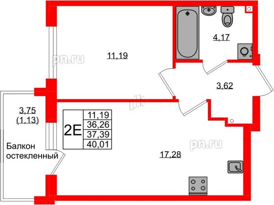 Квартира в ЖК «Консул», 1 комнатная, 37.39 м², 1 этаж