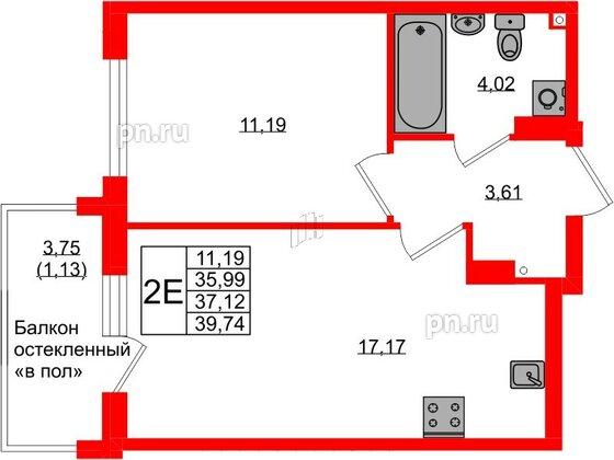 Квартира в ЖК «Консул», 1 комнатная, 37.12 м², 4 этаж