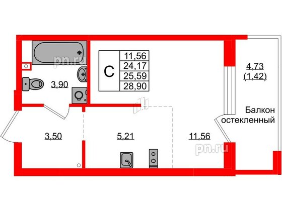 Квартира в ЖК «Консул», студия, 25.59 м², 1 этаж