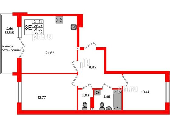 Квартира в ЖК «Консул», 2 комнатная, 61.5 м², 3 этаж