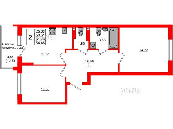 Квартира в ЖК «Консул», 2 комнатная, 51.76 м², 3 этаж