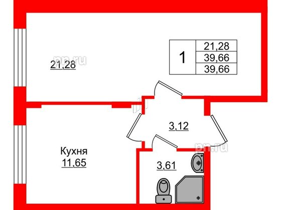 Квартира в ЖК Верево Сити, 1 комнатная, 39.66 м², 1 этаж