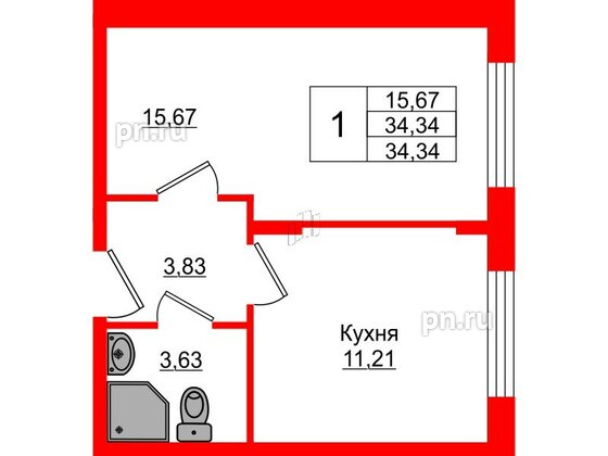 Квартира в ЖК Верево Сити, 1 комнатная, 34.34 м², 1 этаж