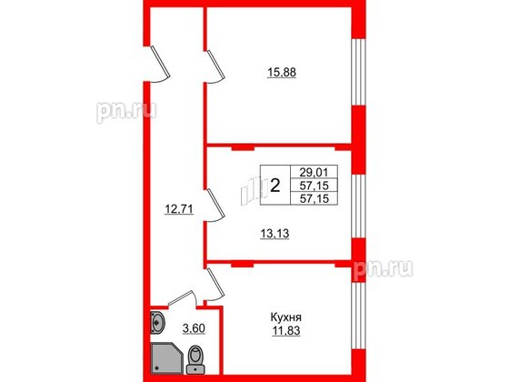 Квартира в ЖК Верево Сити, 2 комнатная, 57.15 м², 1 этаж