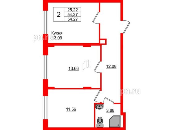 Квартира в ЖК Верево Сити, 2 комнатная, 54.27 м², 1 этаж