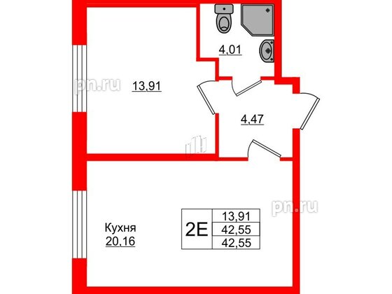 Квартира в ЖК Верево Сити, 1 комнатная, 42.55 м², 1 этаж