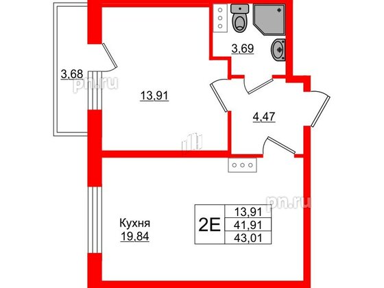 Квартира в ЖК Верево Сити, 1 комнатная, 43.01 м², 2 этаж