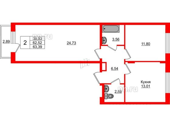 Квартира в ЖК Верево Сити, 2 комнатная, 63.39 м², 2 этаж