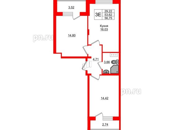 Квартира в ЖК Верево Сити, 2 комнатная, 56.75 м², 3 этаж