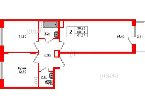 Квартира в ЖК Верево Сити, 2 комнатная, 61.87 м², 4 этаж