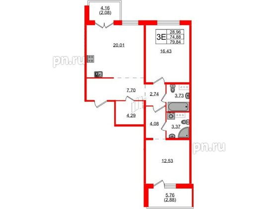 Квартира в ЖК «Ю Гатчина», 2 комнатная, 80.1 м², 4 этаж