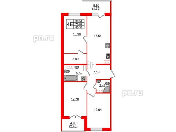 Квартира в ЖК «IQ», 3 комнатная, 80.31 м², 2 этаж