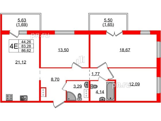 Квартира в ЖК «IQ», 3 комнатная, 86.62 м², 2 этаж