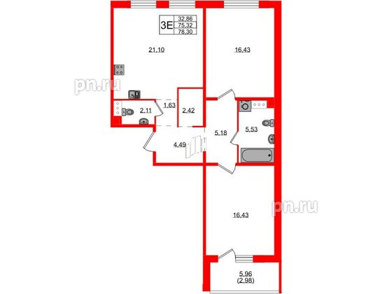 Квартира в ЖК «IQ», 2 комнатная, 78.3 м², 2 этаж