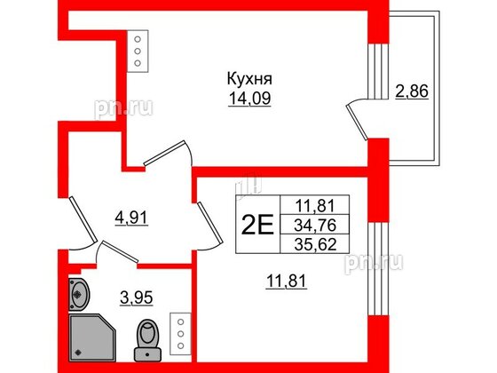 Квартира в ЖК Верево Сити, 1 комнатная, 35.62 м², 3 этаж