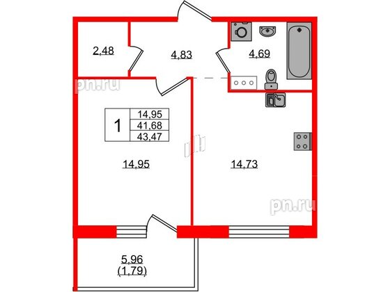 Квартира в ЖК «IQ», 1 комнатная, 43.47 м², 2 этаж