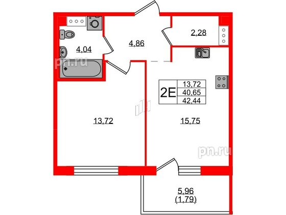 Квартира в ЖК «IQ», 1 комнатная, 42.44 м², 2 этаж