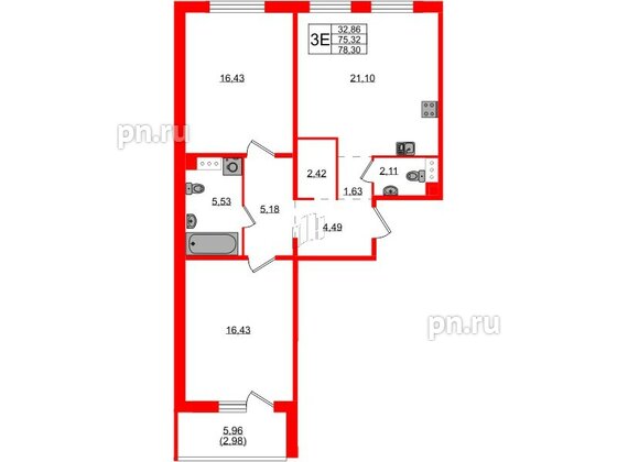 Квартира в ЖК «Айкью Гатчина», 2 комнатная, 78.1 м², 2 этаж
