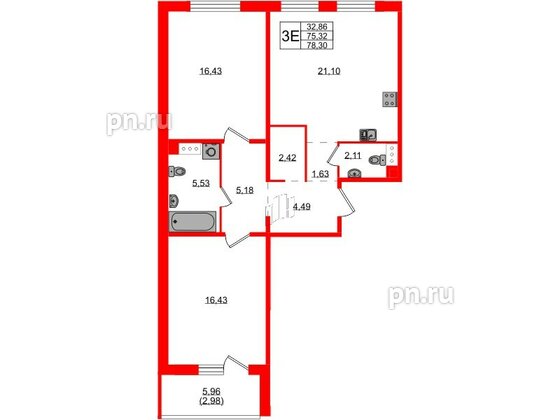 Квартира в ЖК «IQ», 2 комнатная, 78.3 м², 3 этаж