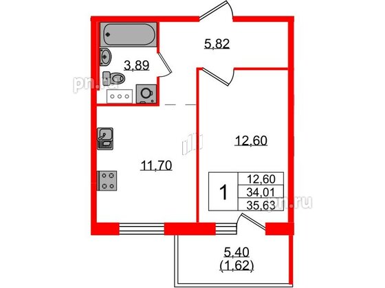 Квартира в ЖК «IQ», 1 комнатная, 35.63 м², 1 этаж