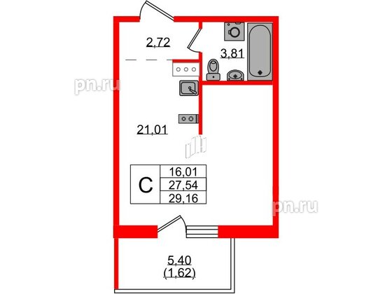 Квартира в ЖК «IQ», студия, 29.16 м², 7 этаж