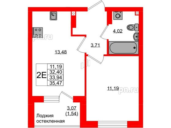 Квартира в ЖК «Консул», 1 комнатная, 33.94 м², 3 этаж