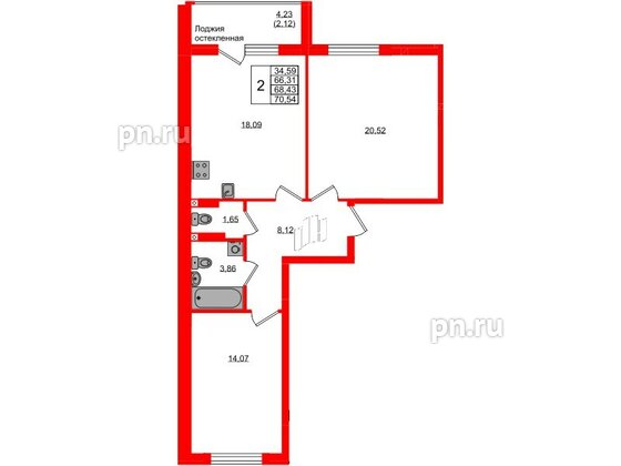 Квартира в ЖК «Консул», 2 комнатная, 68.43 м², 2 этаж