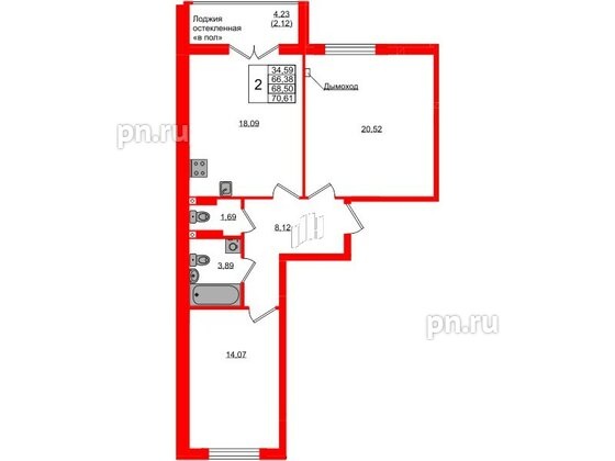 Квартира в ЖК «Консул», 2 комнатная, 68.5 м², 9 этаж