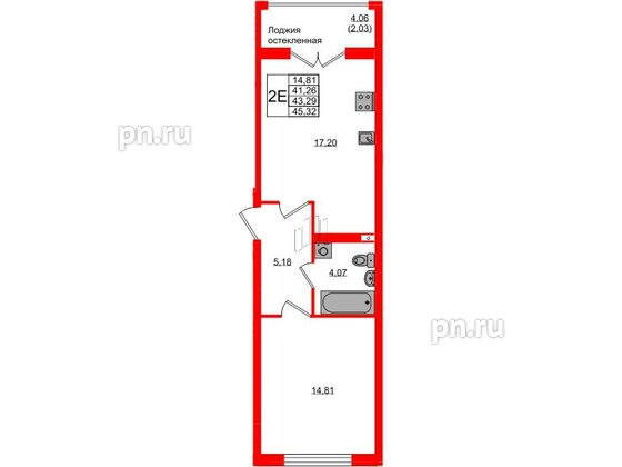 Квартира в ЖК «Консул», 1 комнатная, 43.29 м², 2 этаж