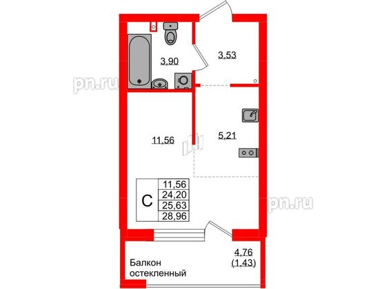 Квартира в ЖК «Консул», студия, 25.63 м², 1 этаж