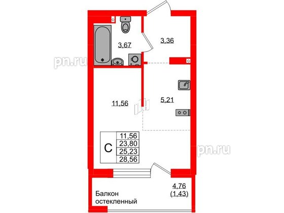 Квартира в ЖК «Консул», студия, 25.23 м², 2 этаж