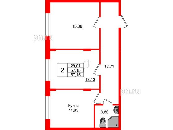 Квартира в ЖК Верево Сити, 2 комнатная, 57.15 м², 1 этаж