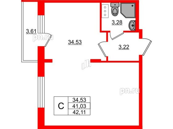 Квартира в ЖК Верево Сити, студия, 42.11 м², 2 этаж