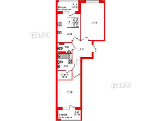 Квартира в ЖК «Консул», 2 комнатная, 55.56 м², 2 этаж