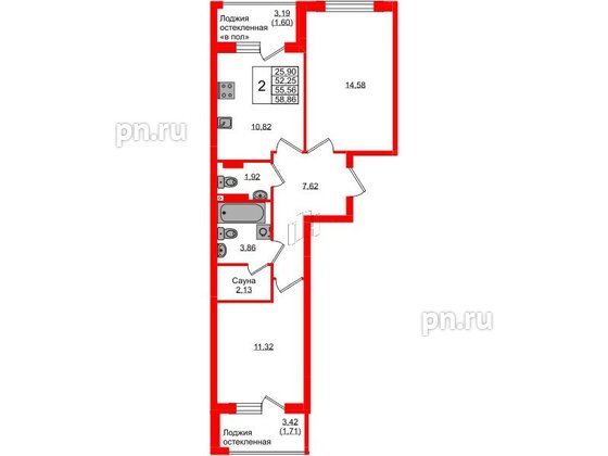 Квартира в ЖК «Консул», 2 комнатная, 55.56 м², 5 этаж