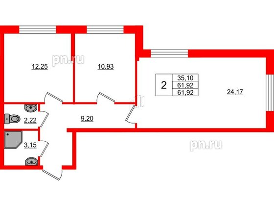 Квартира в ЖК Верево Сити, 2 комнатная, 61.92 м², 1 этаж