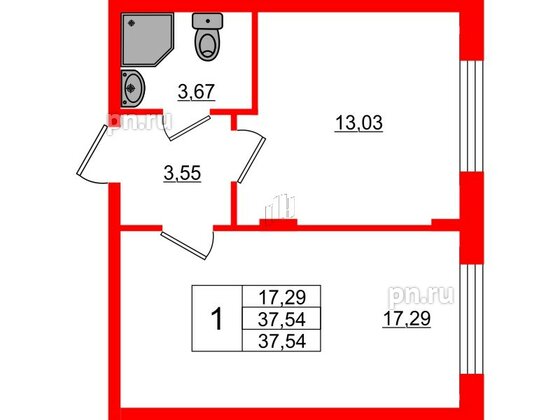 Квартира в ЖК Верево Сити, 1 комнатная, 37.54 м², 1 этаж