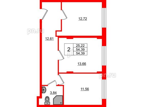 Квартира в ЖК Верево Сити, 2 комнатная, 54.39 м², 1 этаж