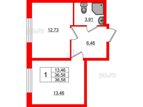 Квартира в ЖК Верево Сити, 1 комнатная, 36.58 м², 1 этаж