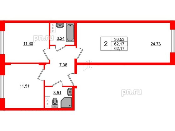 Квартира в ЖК Верево Сити, 2 комнатная, 62.17 м², 4 этаж