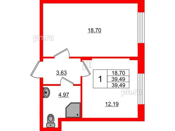 Квартира в ЖК Верево Сити, 1 комнатная, 39.49 м², 1 этаж