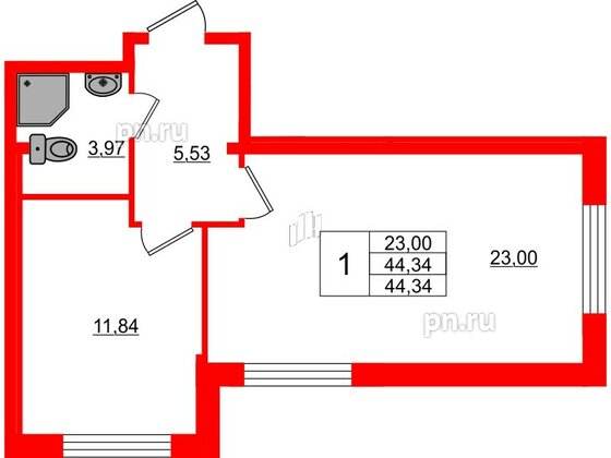 Квартира в ЖК Верево Сити, 1 комнатная, 44.34 м², 1 этаж