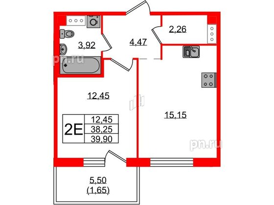 Квартира в ЖК «IQ», 1 комнатная, 39.9 м², 2 этаж