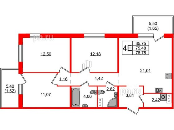 Квартира в ЖК «IQ», 3 комнатная, 78.75 м², 1 этаж