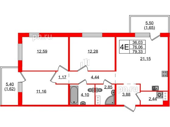 Квартира в ЖК «IQ», 3 комнатная, 79.33 м², 2 этаж