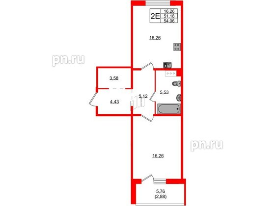 Квартира в ЖК «IQ», 1 комнатная, 53.4 м², 1 этаж