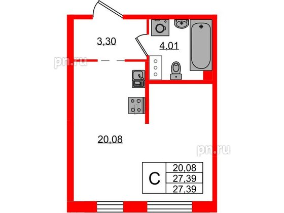 Квартира в ЖК «IQ», студия, 27.39 м², 1 этаж