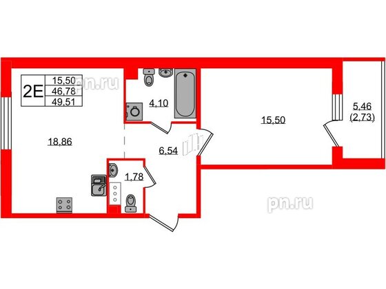 Квартира в ЖК «IQ», 1 комнатная, 48.8 м², 8 этаж