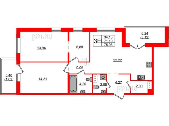 Квартира в ЖК «IQ», 3 комнатная, 75.94 м², 2 этаж